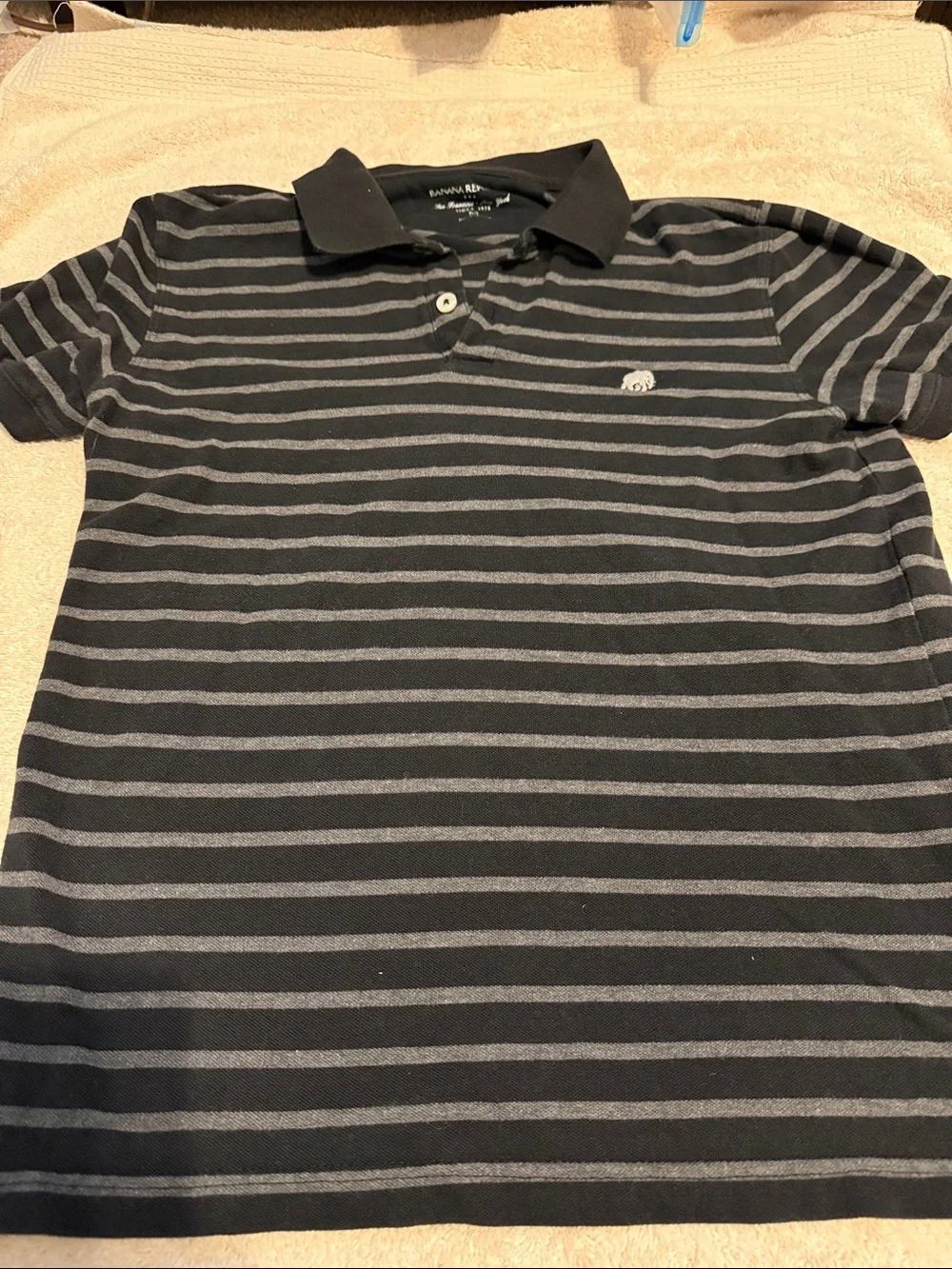 Banana Republic Black and Gray Striped Polo with Elephant Logo